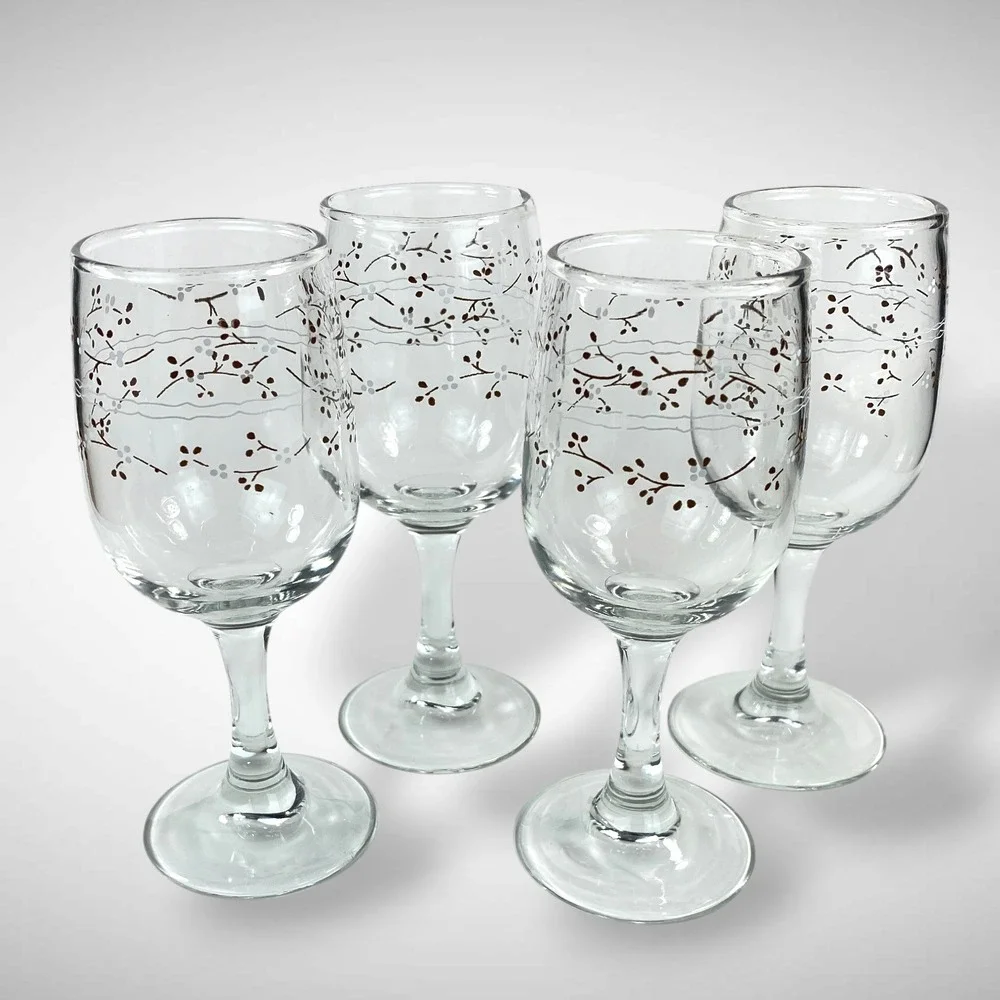 Anchor Hocking Country Accents Hawthorne Wine Glasses Set 4 Floral Goblets 1980s